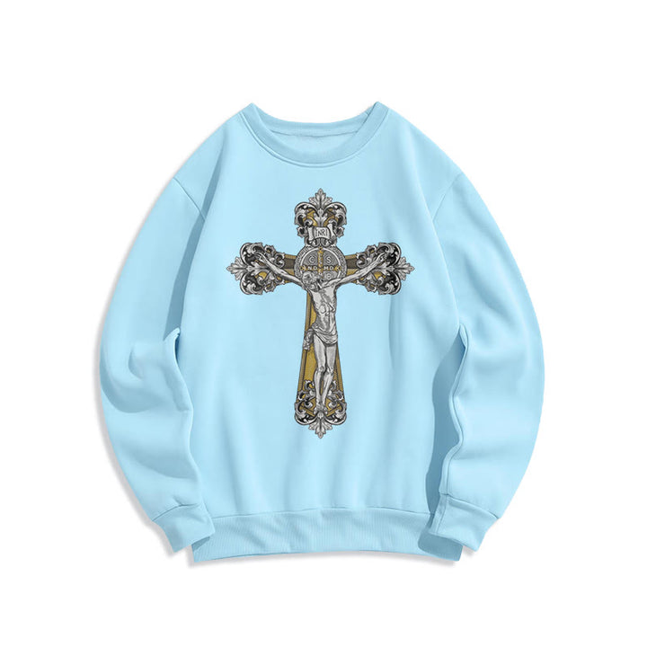 Christianartworkshop Classic Style St. Benedict Cruxifix Faith Fleece Lined Polyester Sweatshirt