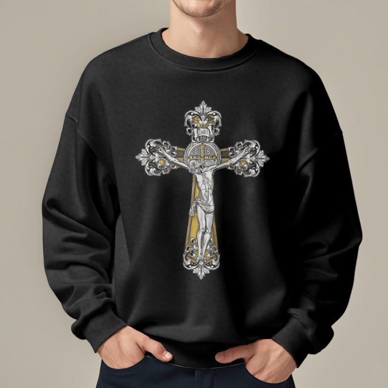 Christianartworkshop Classic Style St. Benedict Cruxifix Faith Fleece Lined Polyester Sweatshirt