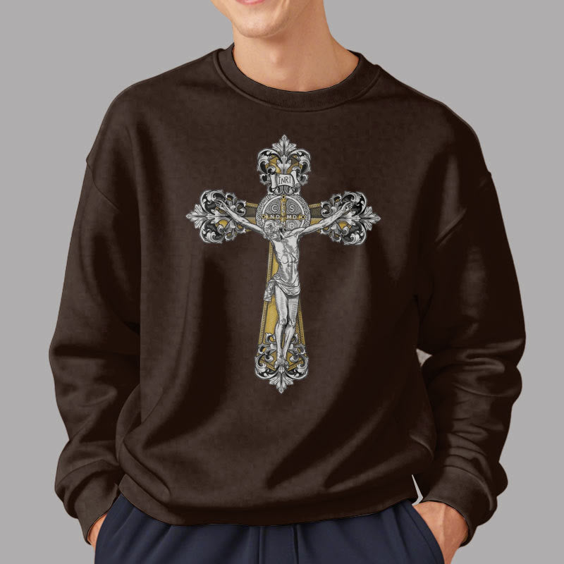 Christianartworkshop Classic Style St. Benedict Cruxifix Faith Fleece Lined Polyester Sweatshirt