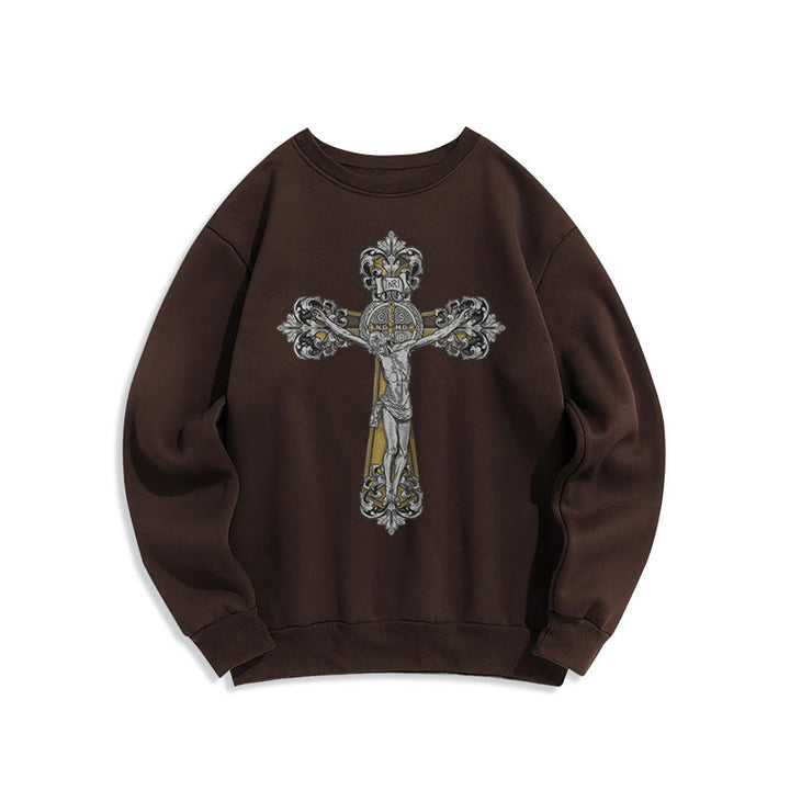 Christianartworkshop Classic Style St. Benedict Cruxifix Faith Fleece Lined Polyester Sweatshirt - Brown - 2XL - image 15