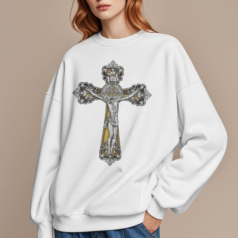 Christianartworkshop Classic Style St. Benedict Cruxifix Faith Fleece Lined Polyester Sweatshirt