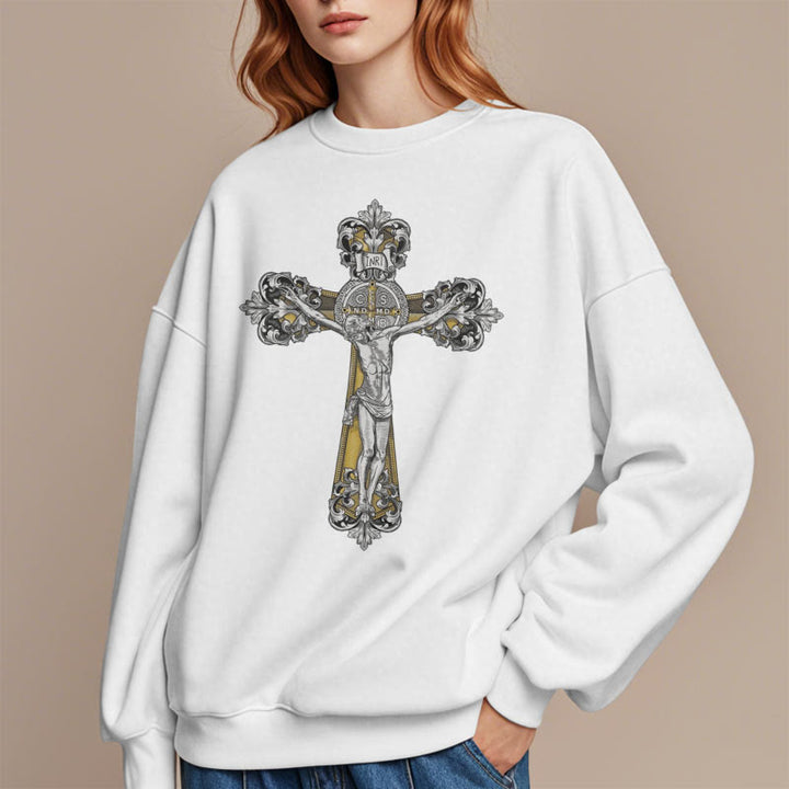 Christianartworkshop Classic Style St. Benedict Cruxifix Faith Fleece Lined Polyester Sweatshirt