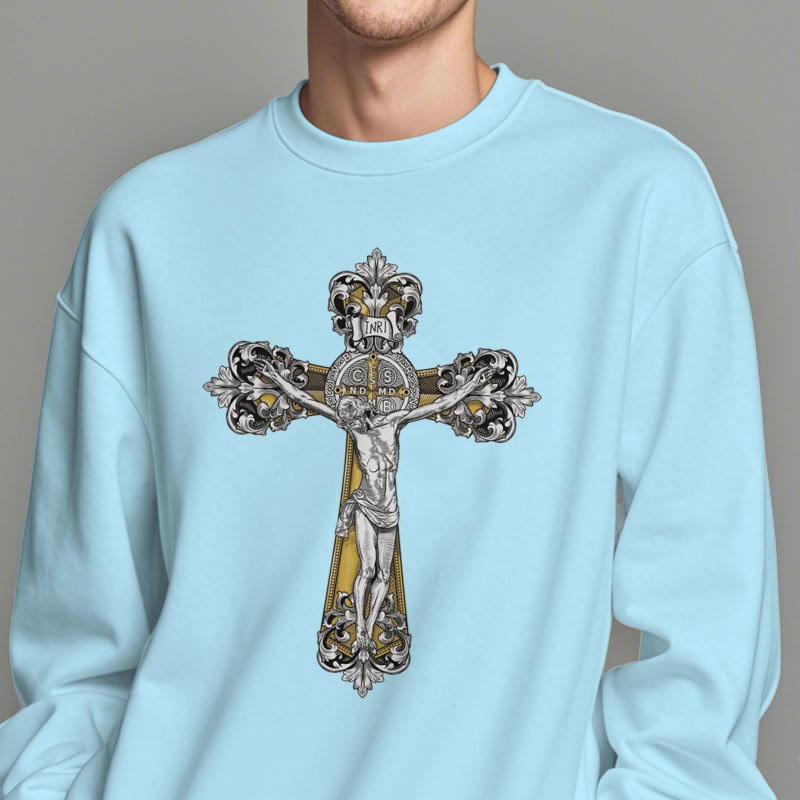 Christianartworkshop Classic Style St. Benedict Cruxifix Faith Fleece Lined Polyester Sweatshirt