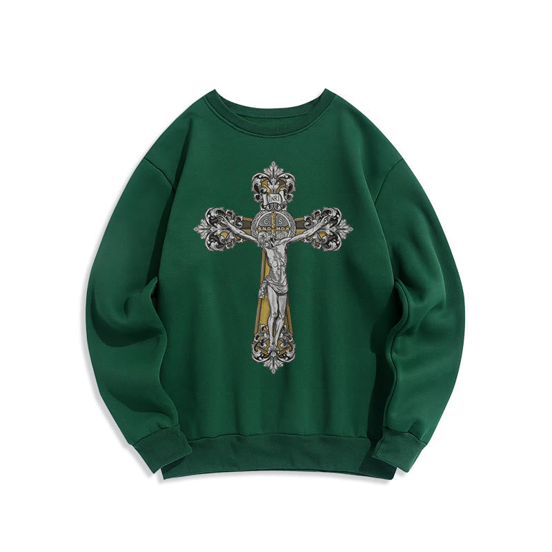 Christianartworkshop Classic Style St. Benedict Cruxifix Faith Fleece Lined Polyester Sweatshirt