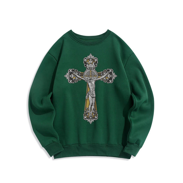 Christianartworkshop Classic Style St. Benedict Cruxifix Faith Fleece Lined Polyester Sweatshirt