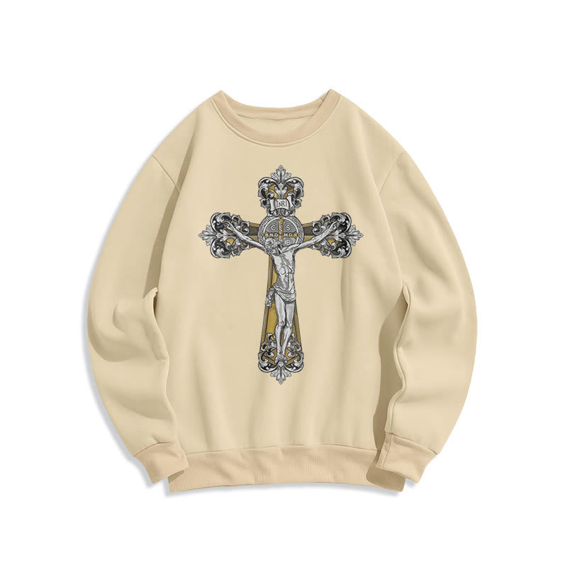 Christianartworkshop Classic Style St. Benedict Cruxifix Faith Fleece Lined Polyester Sweatshirt