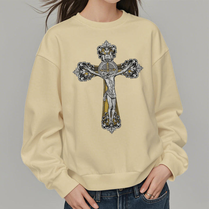 Christianartworkshop Classic Style St. Benedict Cruxifix Faith Fleece Lined Polyester Sweatshirt