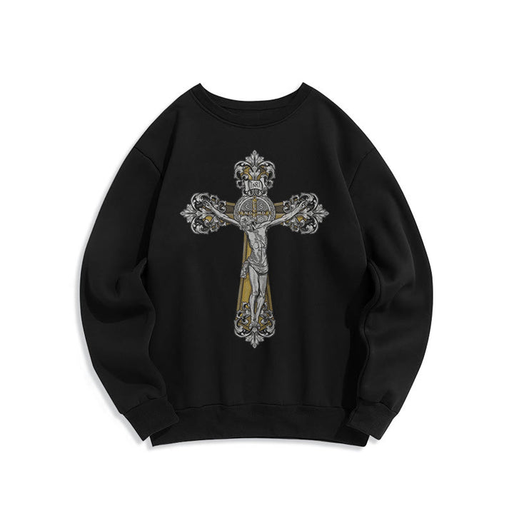 Christianartworkshop Classic Style St. Benedict Cruxifix Faith Fleece Lined Polyester Sweatshirt