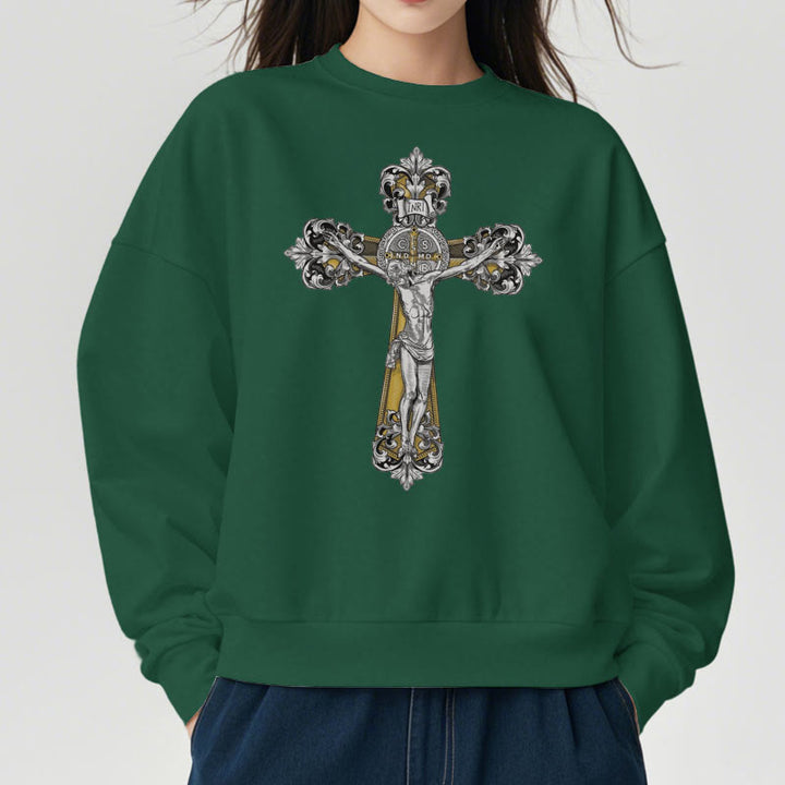 Christianartworkshop Classic Style St. Benedict Cruxifix Faith Fleece Lined Polyester Sweatshirt