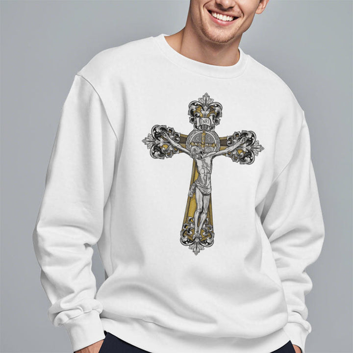 Christianartworkshop Classic Style St. Benedict Cruxifix Faith Fleece Lined Polyester Sweatshirt