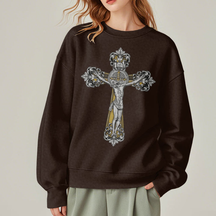 Christianartworkshop Classic Style St. Benedict Cruxifix Faith Fleece Lined Polyester Sweatshirt