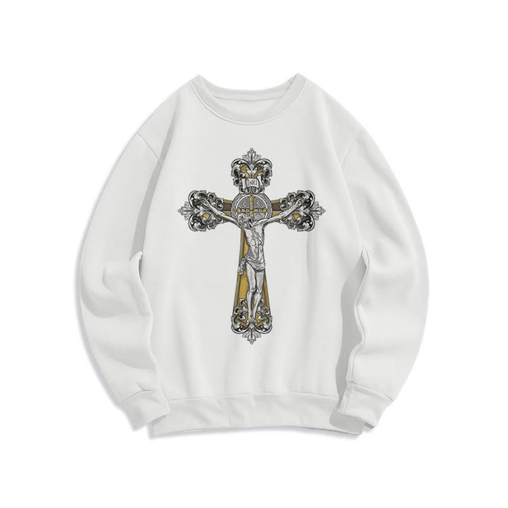 Christianartworkshop Classic Style St. Benedict Cruxifix Faith Fleece Lined Polyester Sweatshirt