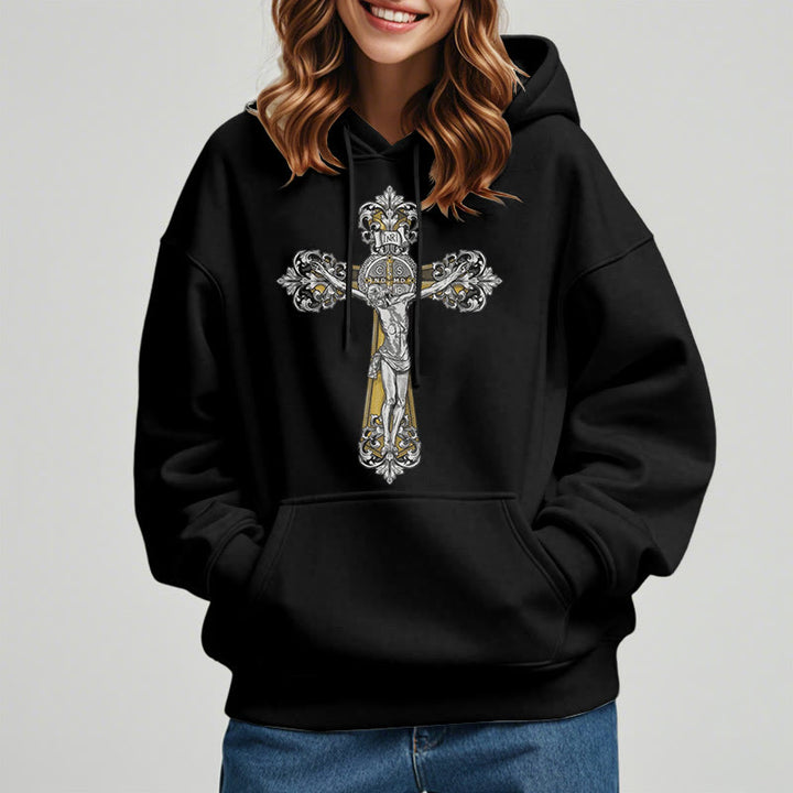 Christianartworkshop Classic Style St. Benedict Cruxifix Faith Fleece Lined Polyester Hoodie