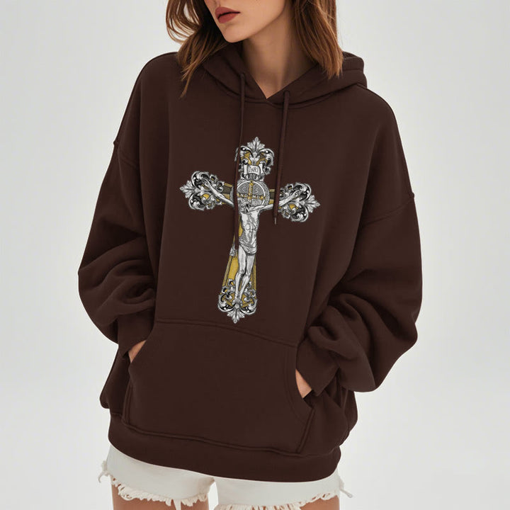 Christianartworkshop Classic Style St. Benedict Cruxifix Faith Fleece Lined Polyester Hoodie