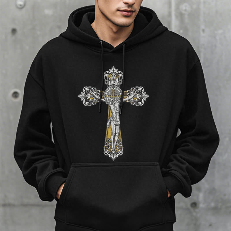 Christianartworkshop Classic Style St. Benedict Cruxifix Faith Fleece Lined Polyester Hoodie