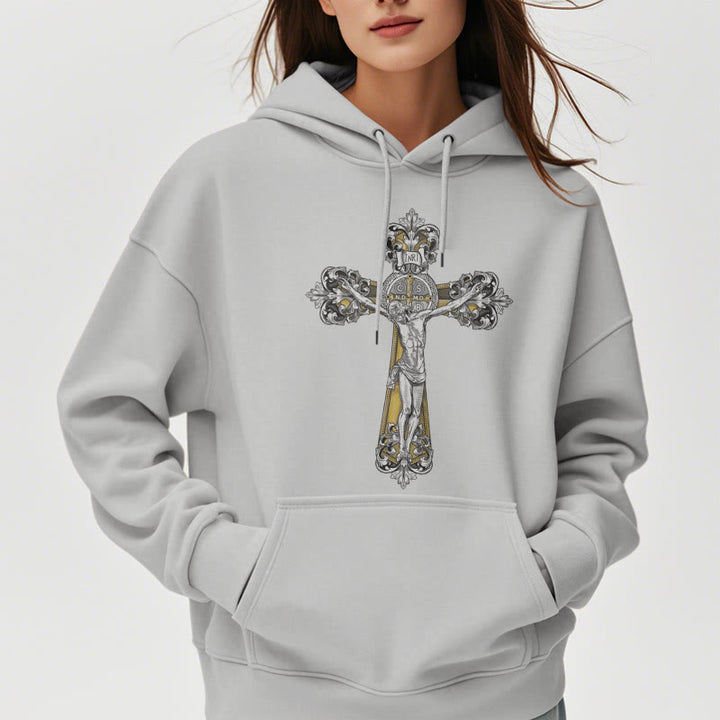 Christianartworkshop Classic Style St. Benedict Cruxifix Faith Fleece Lined Polyester Hoodie