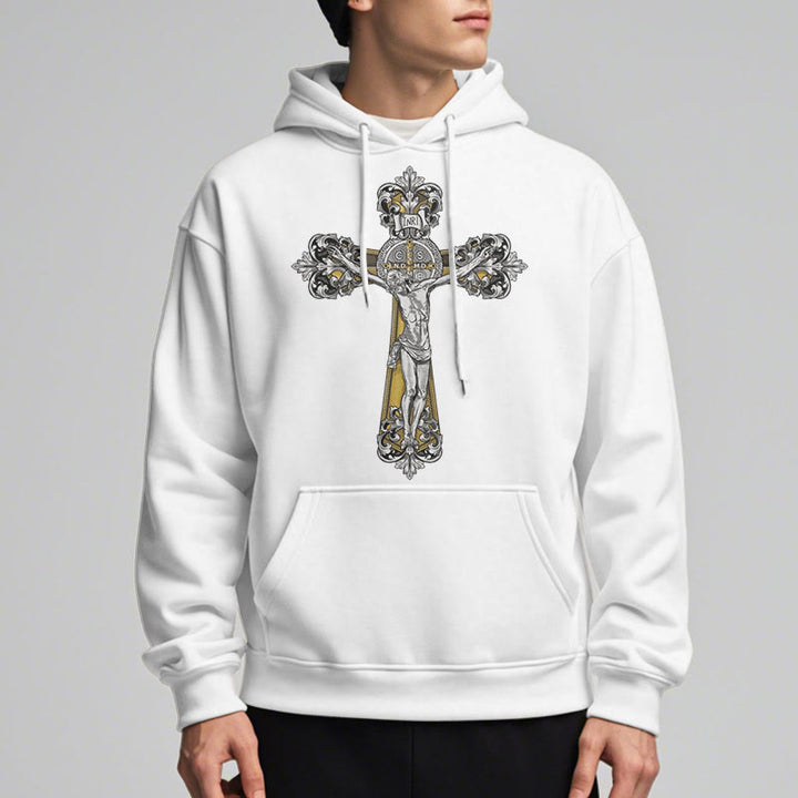 Christianartworkshop Classic Style St. Benedict Cruxifix Faith Fleece Lined Polyester Hoodie