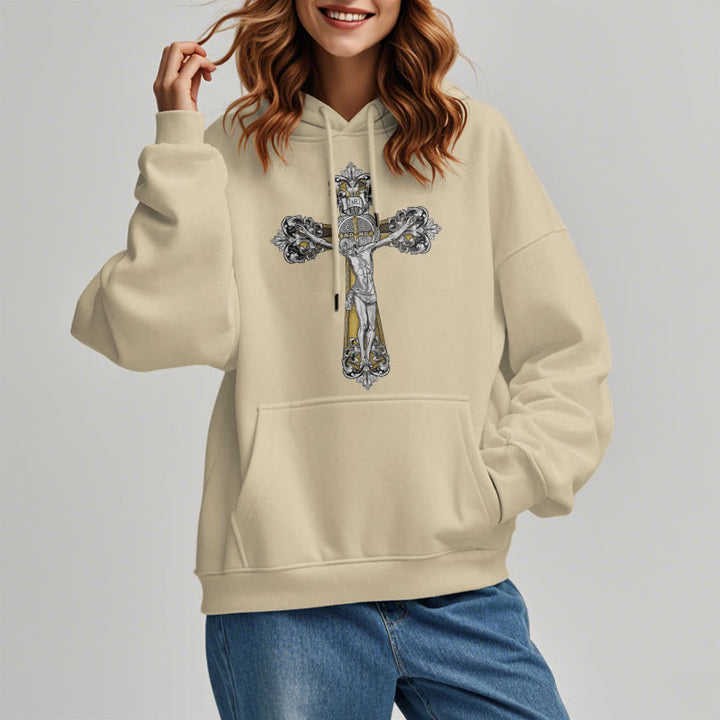 Christianartworkshop Classic Style St. Benedict Cruxifix Faith Fleece Lined Polyester Hoodie