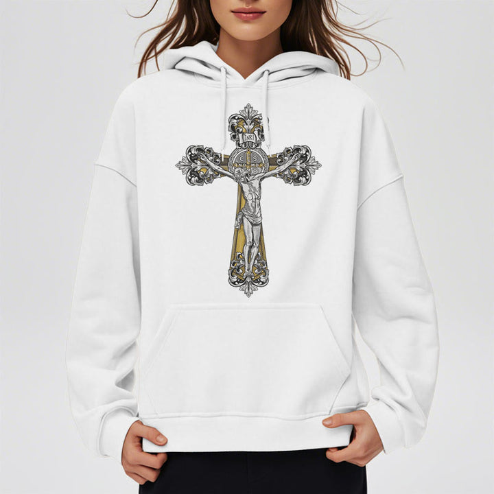 Christianartworkshop Classic Style St. Benedict Cruxifix Faith Fleece Lined Polyester Hoodie