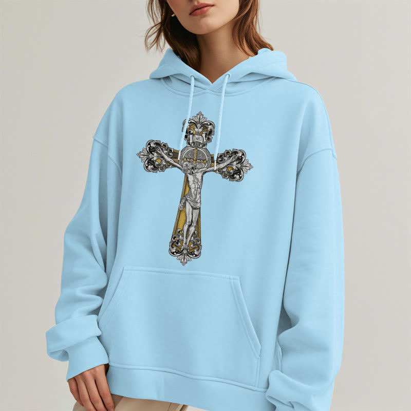 Christianartworkshop Classic Style St. Benedict Cruxifix Faith Fleece Lined Polyester Hoodie