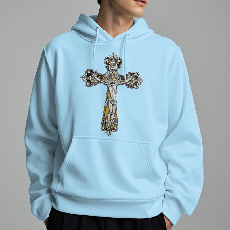 Christianartworkshop Classic Style St. Benedict Cruxifix Faith Fleece Lined Polyester Hoodie