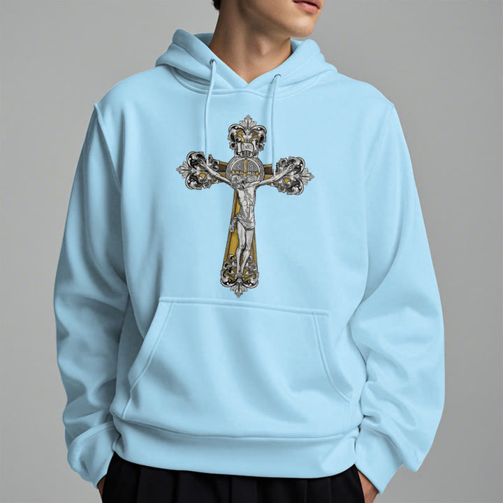 Christianartworkshop Classic Style St. Benedict Cruxifix Faith Fleece Lined Polyester Hoodie