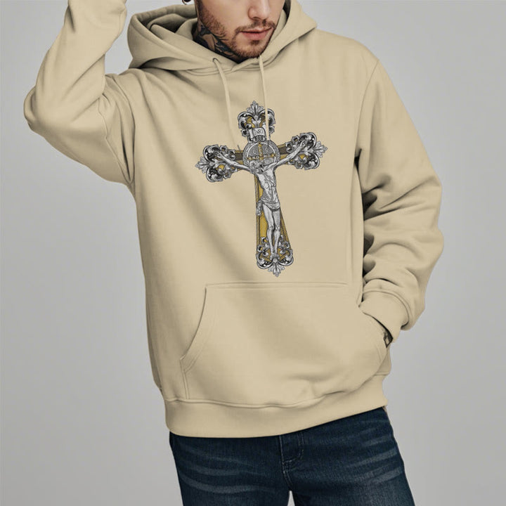 Christianartworkshop Classic Style St. Benedict Cruxifix Faith Fleece Lined Polyester Hoodie