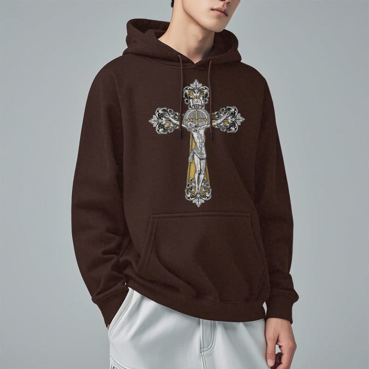 Christianartworkshop Classic Style St. Benedict Cruxifix Faith Fleece Lined Polyester Hoodie