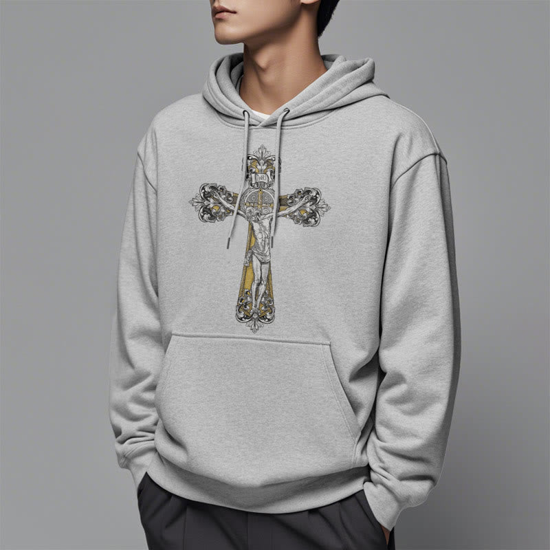 Christianartworkshop Classic Style St. Benedict Cruxifix Faith Fleece Lined Polyester Hoodie