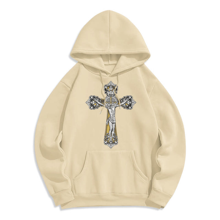 Christianartworkshop Classic Style St. Benedict Cruxifix Faith Fleece Lined Polyester Hoodie