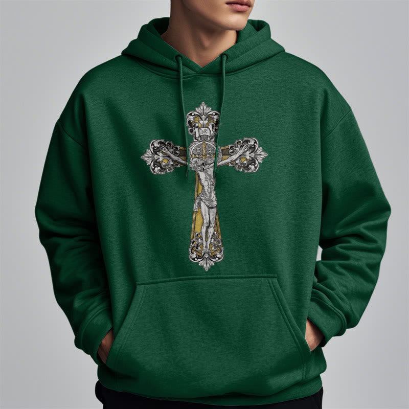 Christianartworkshop Classic Style St. Benedict Cruxifix Faith Fleece Lined Polyester Hoodie