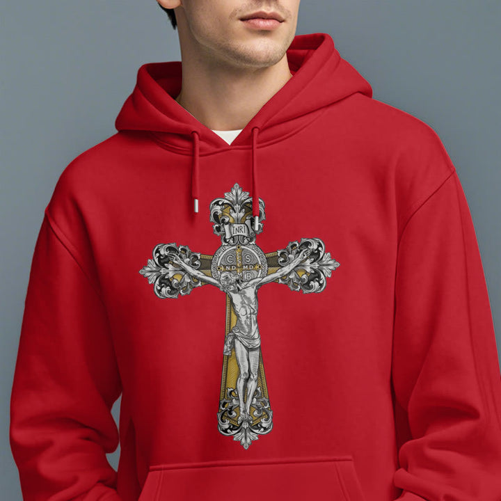 Christianartworkshop Classic Style St. Benedict Cruxifix Faith Fleece Lined Polyester Hoodie