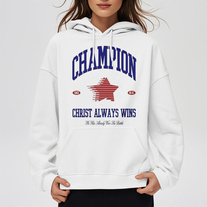 Christianartworkshop Modern Style Champion Christ Always Wins Fleece Lined Polyester Hoodie