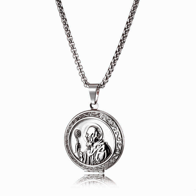 Christianartworkshop Classic Style St. Benedict Engraved Two Sided Locket Pendant Necklace