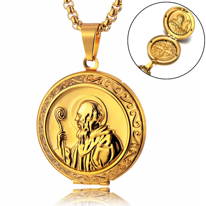 Christianartworkshop Classic Style St. Benedict Engraved Two Sided Locket Pendant Necklace