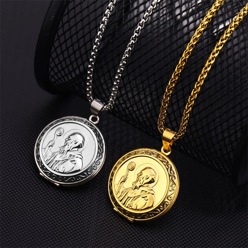 Christianartworkshop Classic Style St. Benedict Engraved Two Sided Locket Pendant Necklace