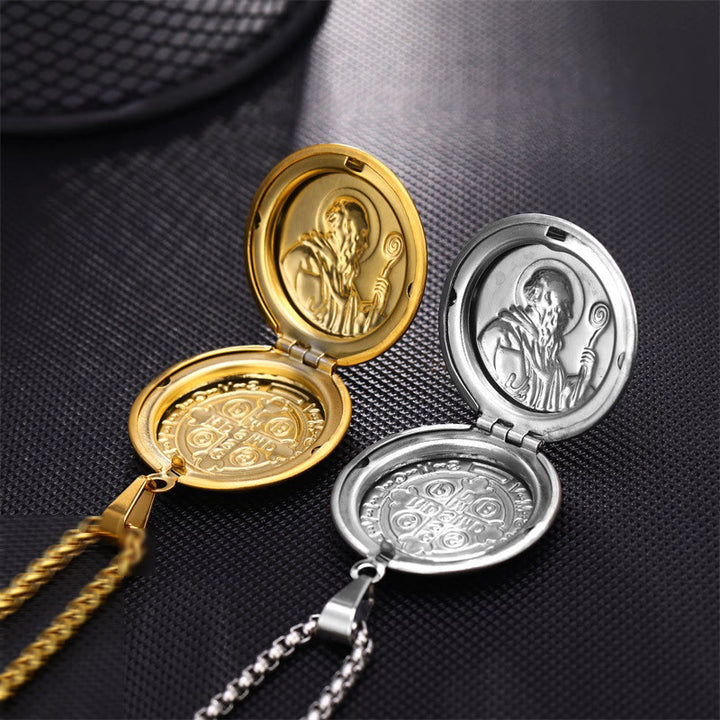 Christianartworkshop Classic Style St. Benedict Engraved Two Sided Locket Pendant Necklace