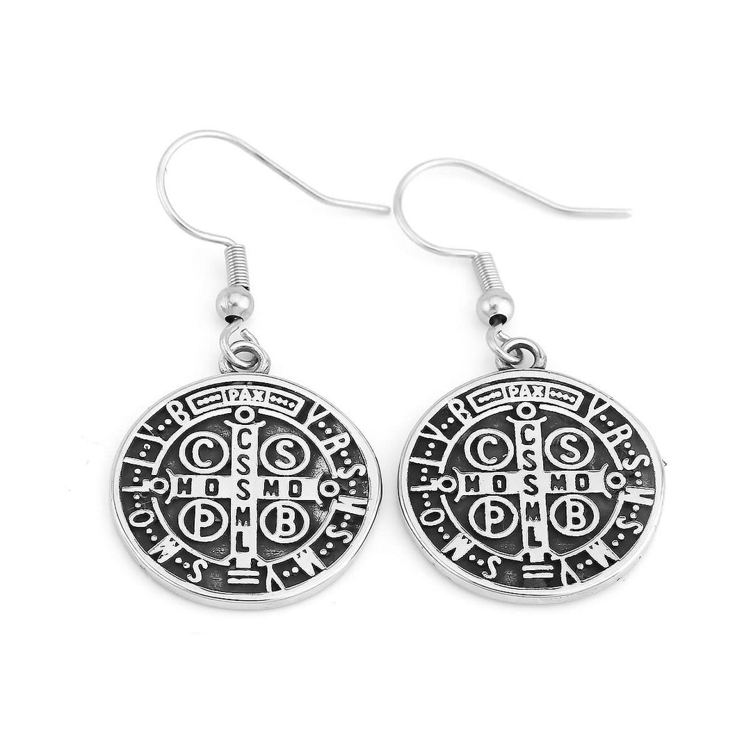 Christianartworkshop Classic Style St. Benedict Engraved Emblem Divine Protection Earrings - image 4