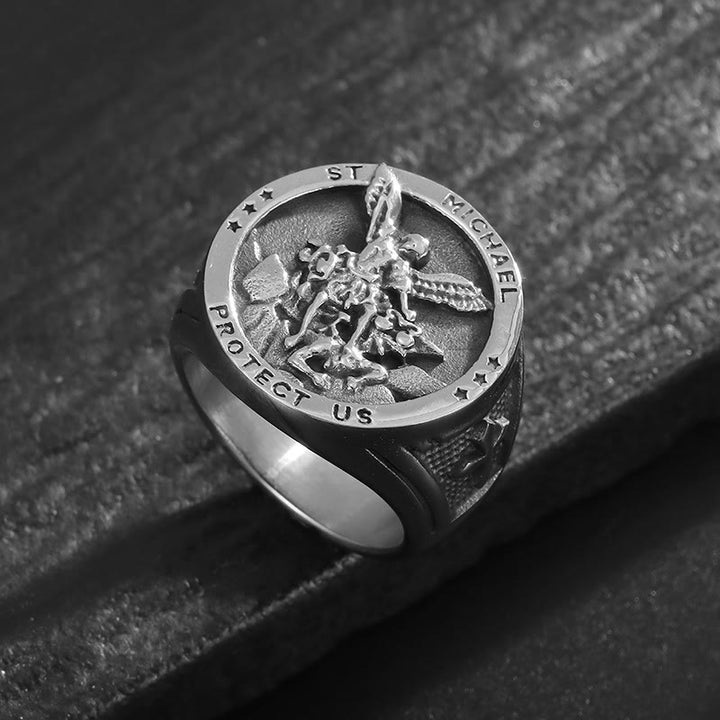 Christianartworkshop Classic Style Michael The Archangel Protect Us Devine Faith Ring