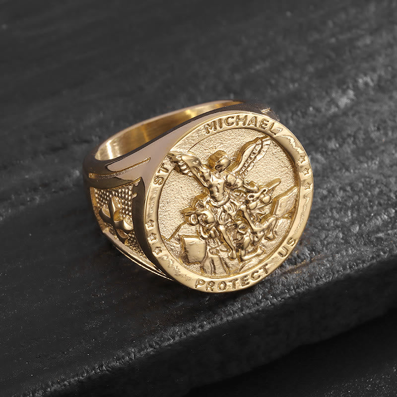 Christianartworkshop Classic Style Michael The Archangel Protect Us Devine Faith Ring