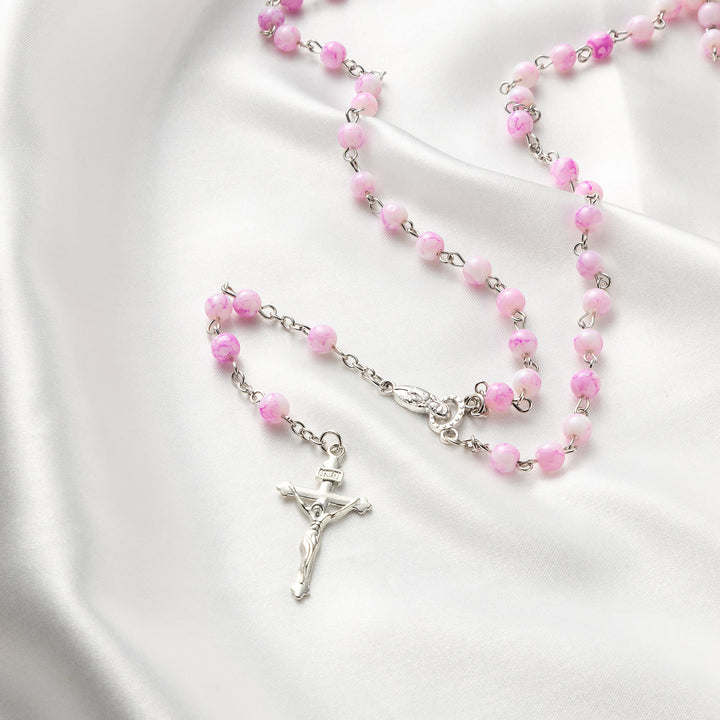 Discount Today: Our Lady & Crucifix of 6 mm Round Pink Glass Alloy Chain Rosary