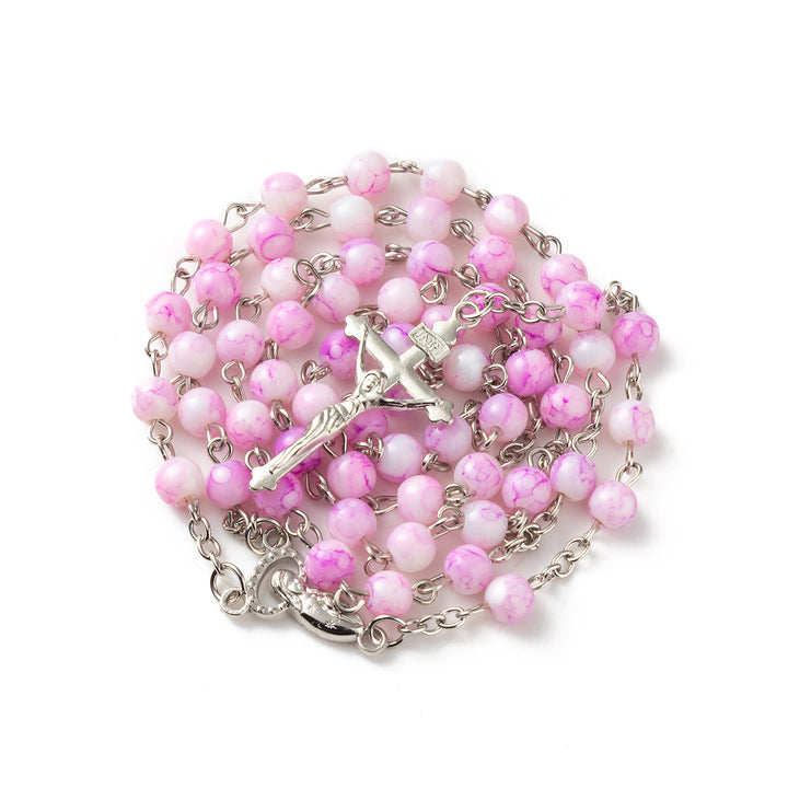 Discount Today: Our Lady & Crucifix of 6 mm Round Pink Glass Alloy Chain Rosary