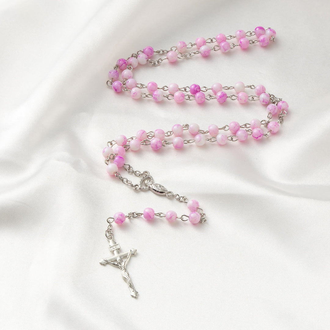 Discount Today: Our Lady & Crucifix of 6 mm Round Pink Glass Alloy Chain Rosary