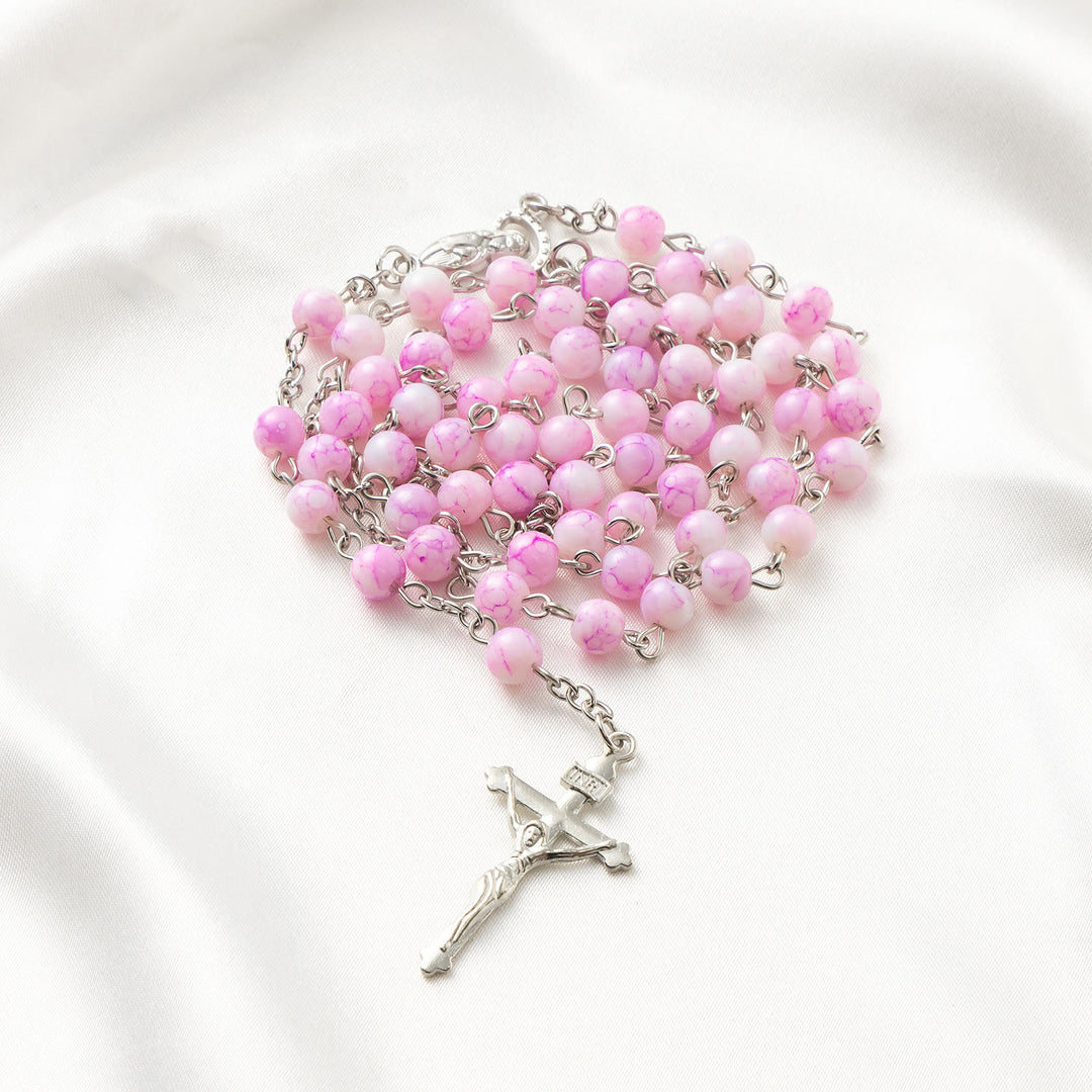 Discount Today: Our Lady & Crucifix of 6 mm Round Pink Glass Alloy Chain Rosary