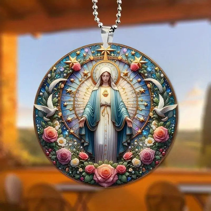 Christianartworkshop Colored Style Miraculous Medal Floral Wreath Christmas Hanging Ornaments