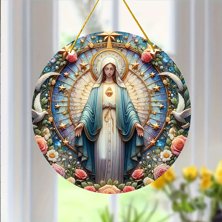 Christianartworkshop Colored Style Miraculous Medal Floral Wreath Christmas Hanging Ornaments