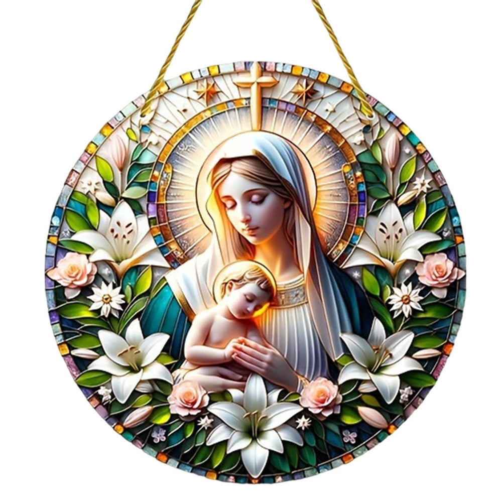 Christianartworkshop Realistic Style Virgin Mary Floral Wreath Star Christmas Hanging Ornaments - image 1