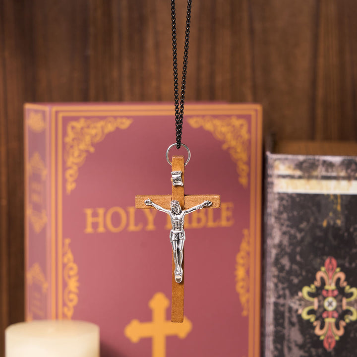 Christianartworkshop Classic Style Wooden Craft Alloy Crucifix Faith Pendant Necklace