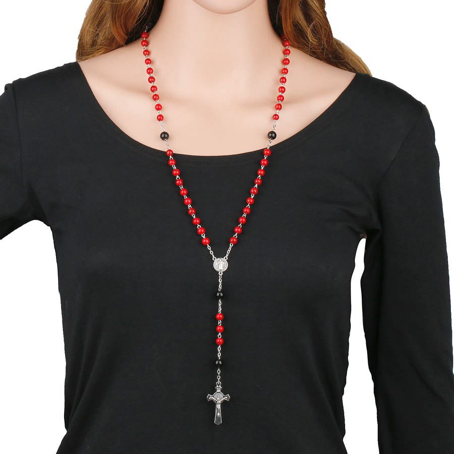 Christianartworkshop St. Benedict Medal & Crucifix of 6mm Round Red Turquoise Alloy Chain Rosary