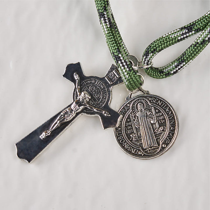 FREE Today: St. Benedict Medal & Crucifix of 10 mm Round Black Wood Green Paracord Pocket Rosary